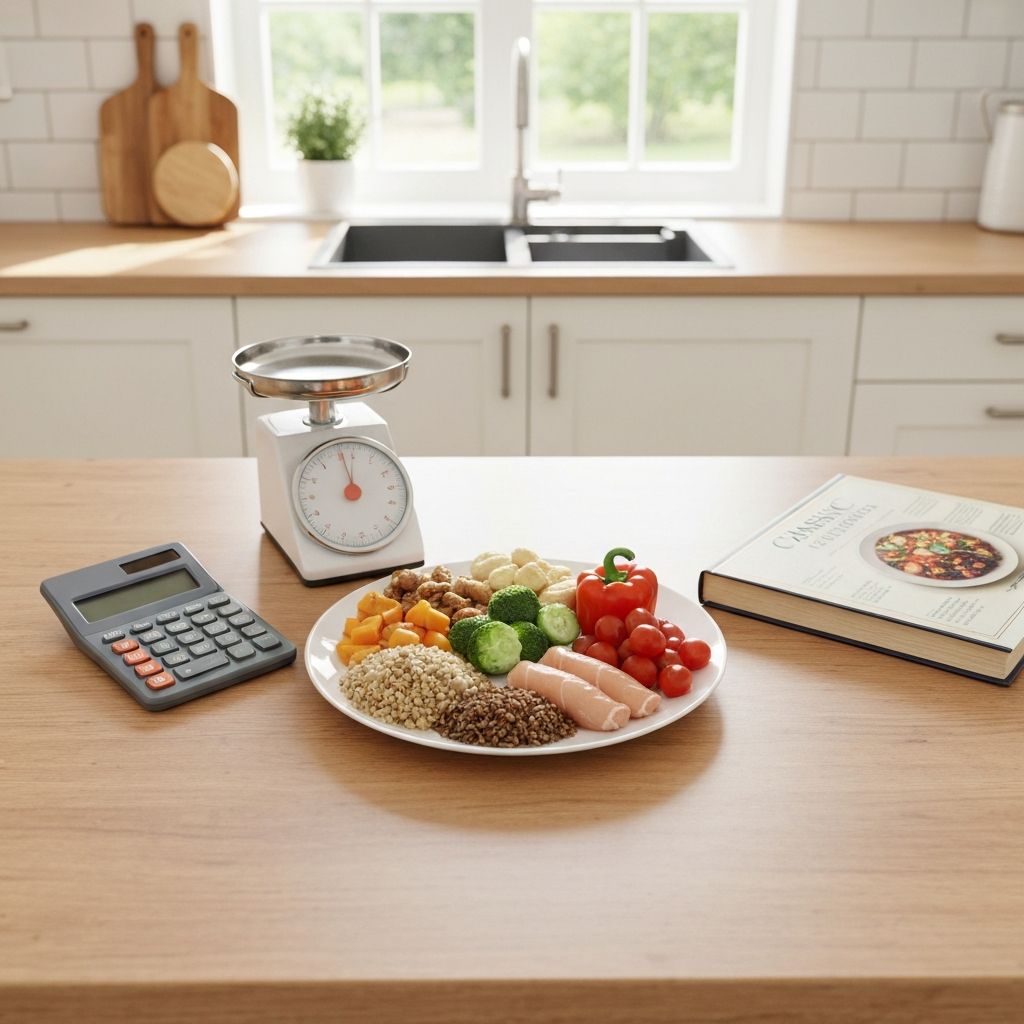 Institutionelle Fotografie zeigt ausgewogene Telleraufteilung und Messinstrumente für Makronährstoffaufnahme