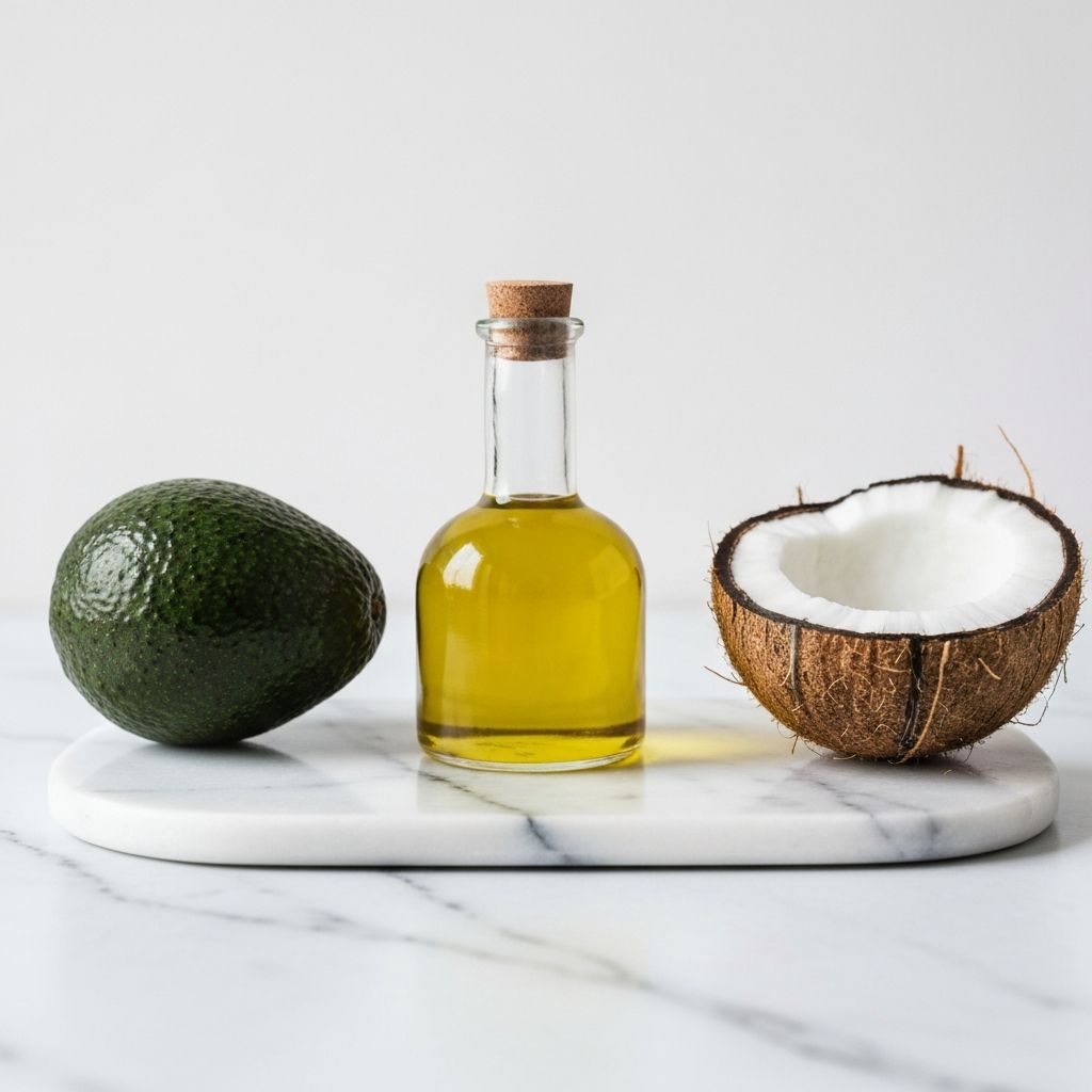 Künstlerische Anordnung von Fettquellen: Olivenöl, Avocado, Nüsse auf dunklem Marmorgrund