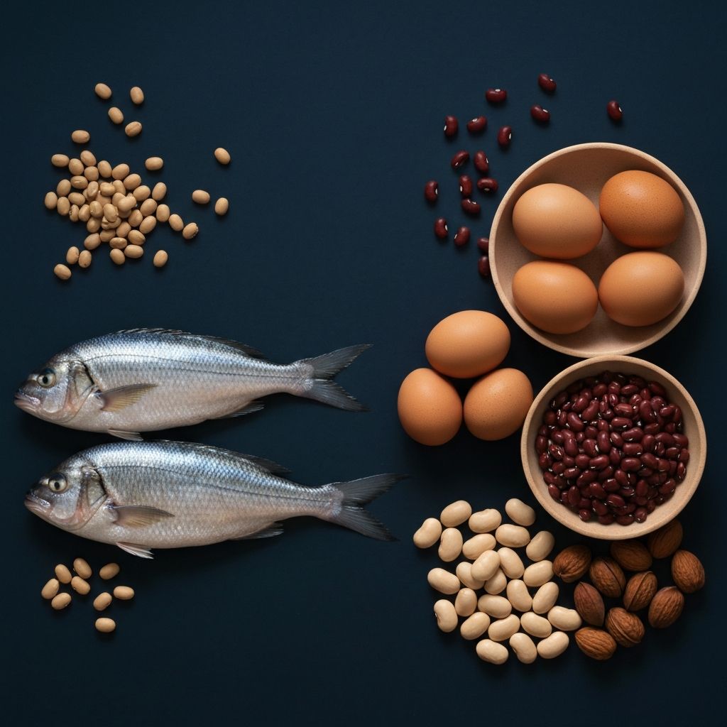 Proteinreiche Lebensmittel wie Eier, Fisch, Leguminosen und Nüsse in einer kunstvollenkomposition